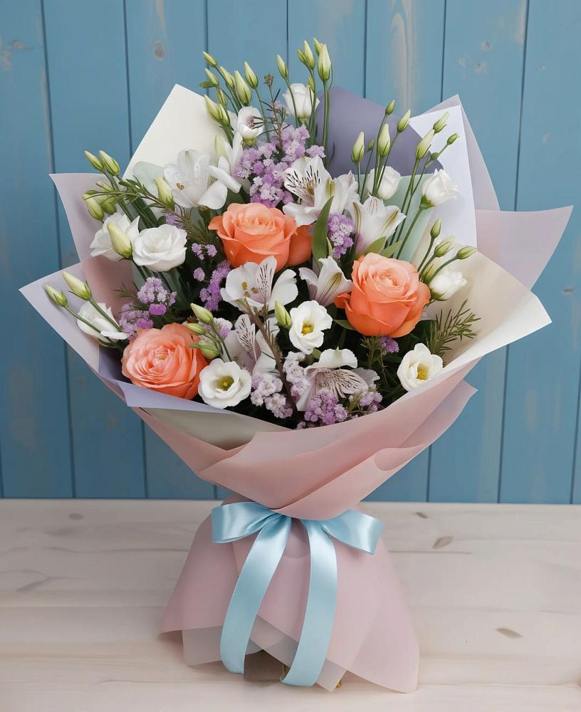 Букет цветов из: Лизиантусы, Розы, Альстромерии и Гипсофила в Липовцах