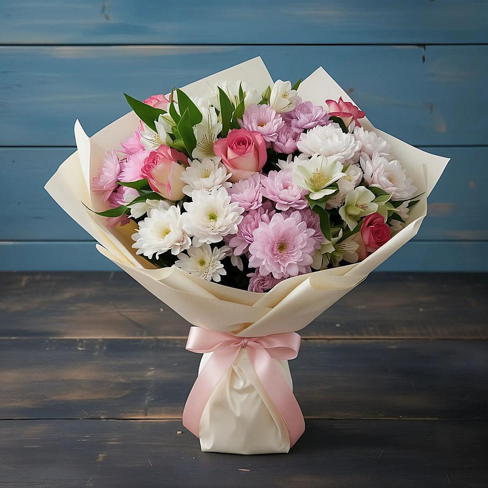 Букет цветов из: Хризантемы, Альстромерии и Розы в Липовцах